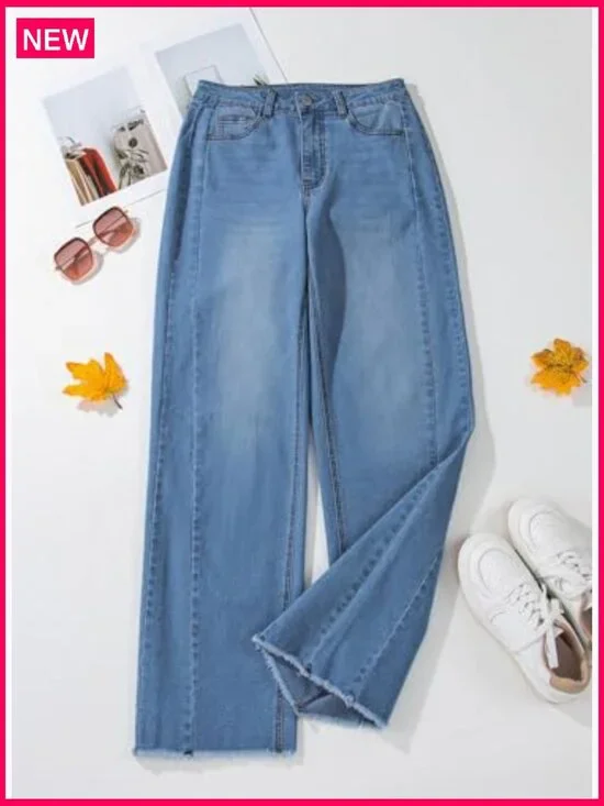 High Waisted Wide Leg Jeans Stretchy Raw Hem Denim Pants - Picture 3 of 7